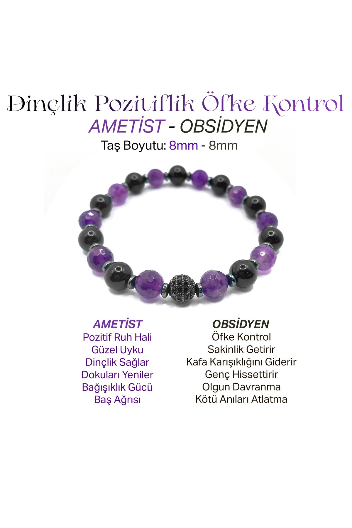 Sertifikalı Hakiki Orijinal 8mm Ametist-Obsidyen–Hematit-Zirkon Aparatlı Doğal Taş Misinalı Bileklik