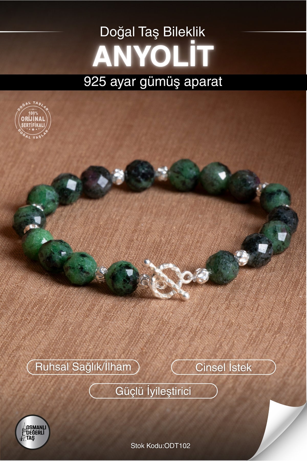 Sertifikalı Anyolit Doğal Taş 925 Ayar Gümüş Aparatlı Bileklik ODT102
