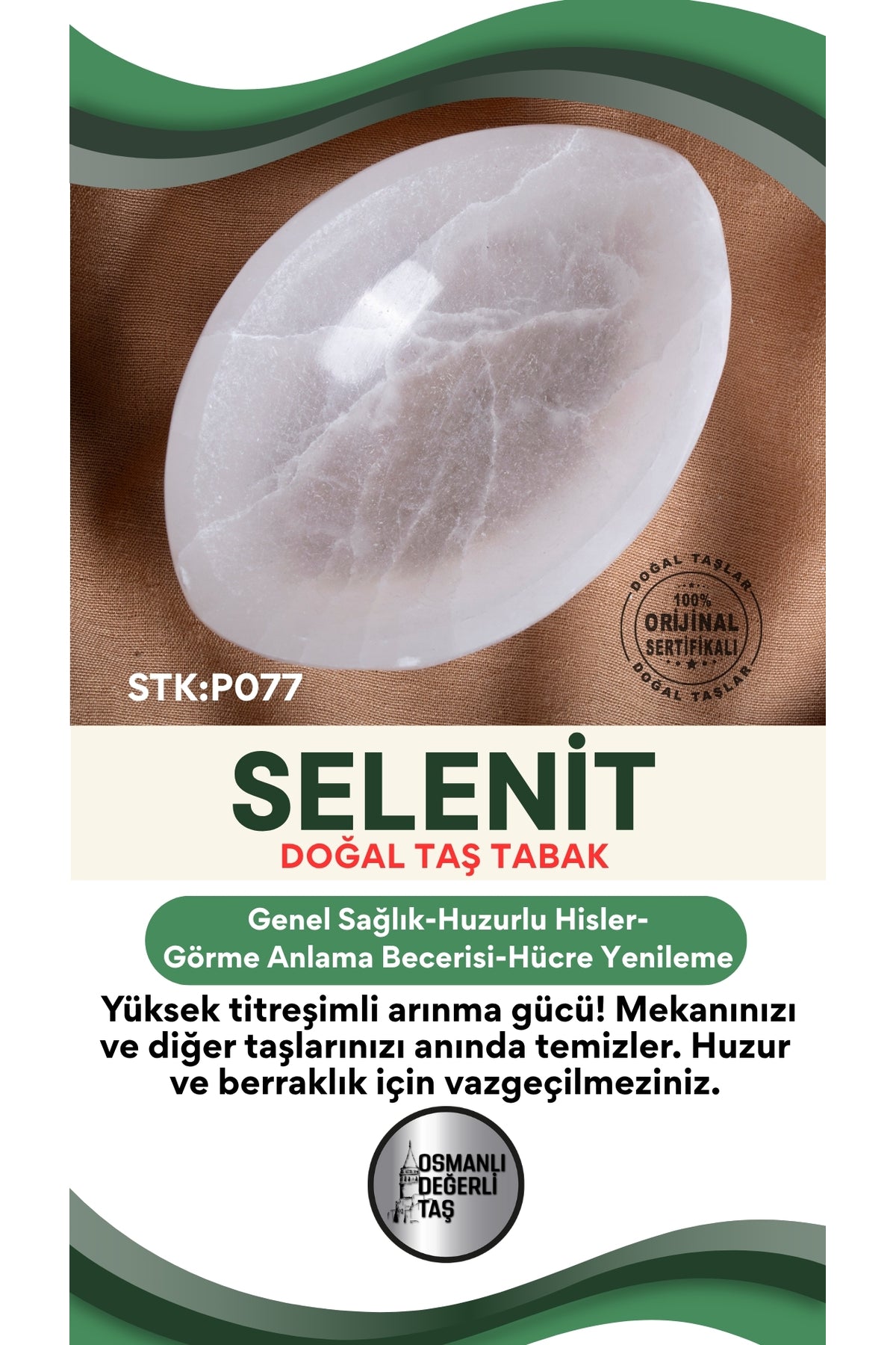 Sertifikalı Selenit Doğal Taş Elips Tabak No:5 P077