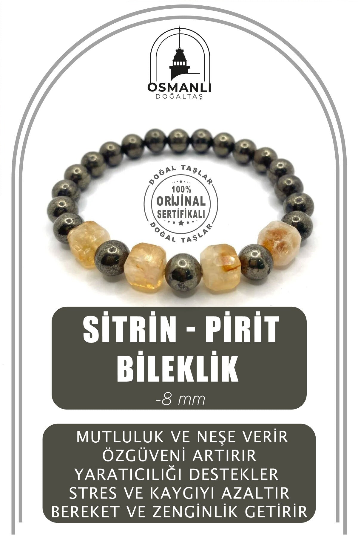 Sertifikalı Orijinal Hakiki 8mm Sitrin - Pirit Doğal Taş Misinalı Bileklik