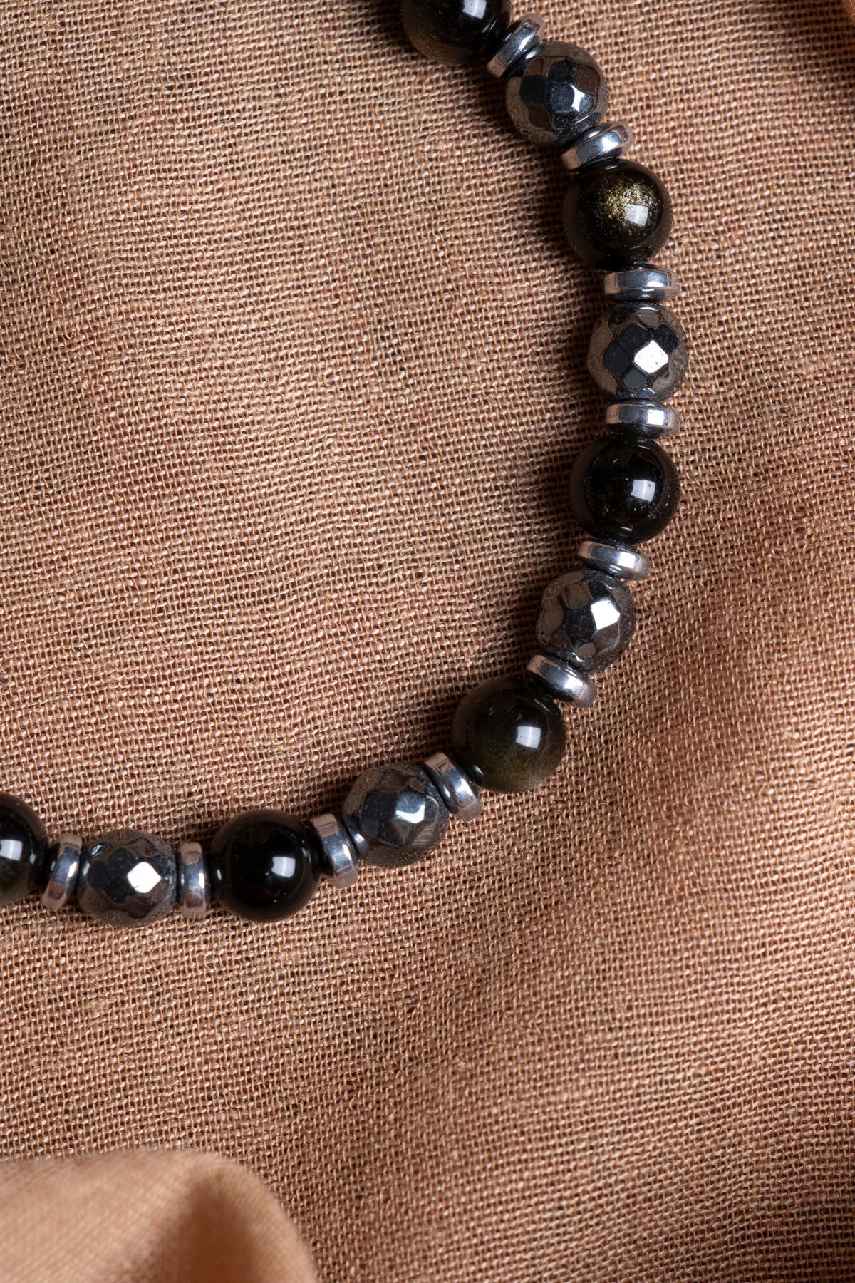 SERTİFİKALI Hematit-Obsidyen Doğal Taş Ayarlanabilir Makrome Bileklik 6 mm