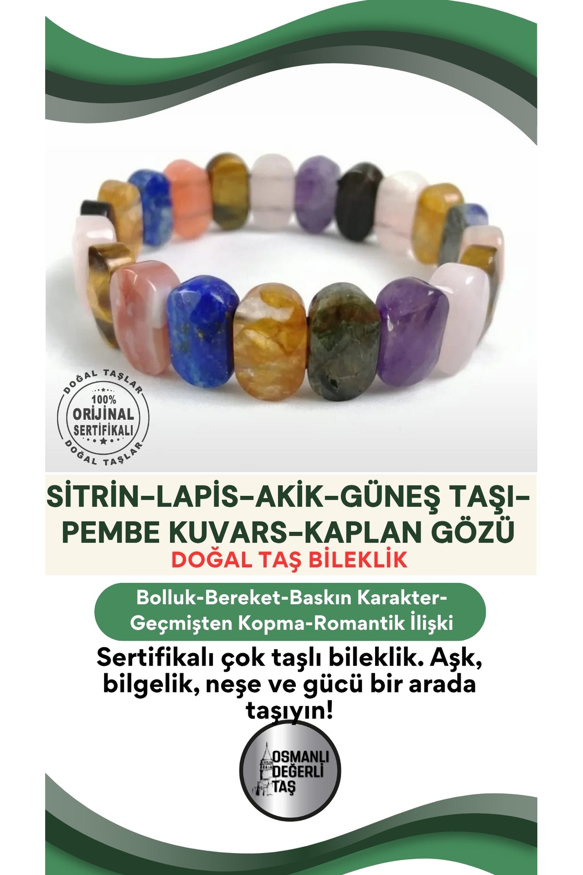 Sertifikalı Roleks Bileklik-sitrin-lapis-akik-güneş Taşı-pembe Kuvars-kaplan Gözü