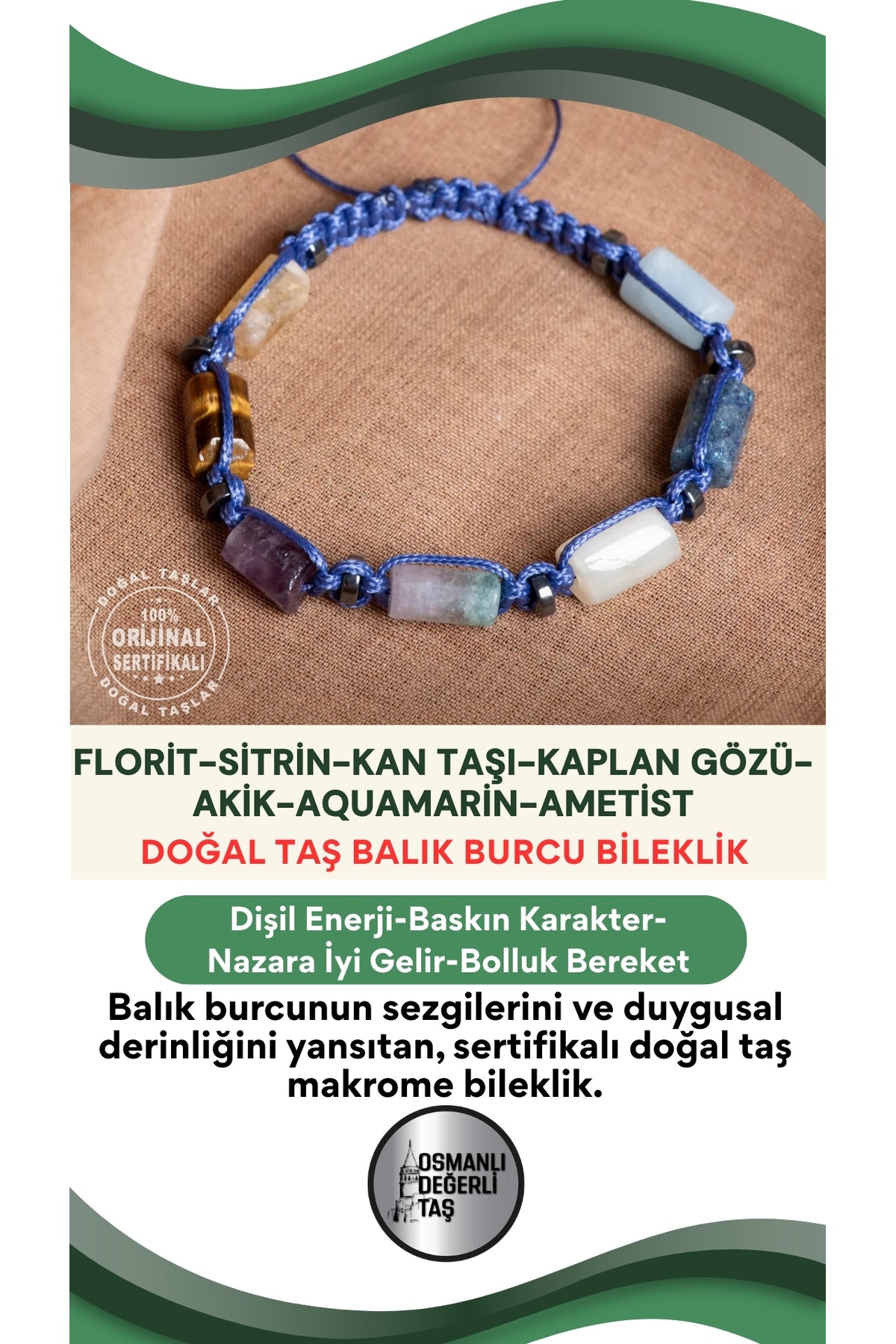 SERTİFİKALI Balık Burcu Doğal Taş Makrome Ayarlanabilir Bileklik