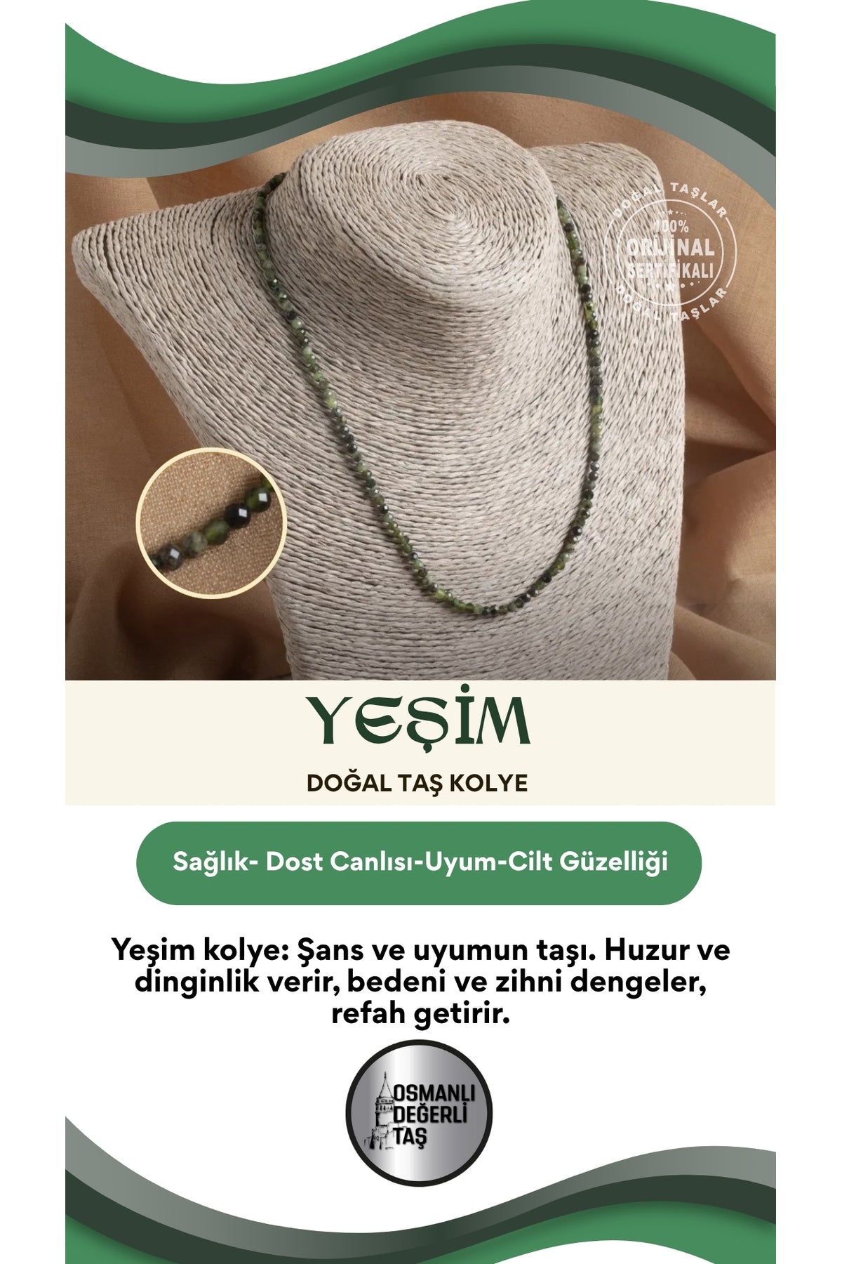Sertifikalı Yeşim Doğal Taş Kolye