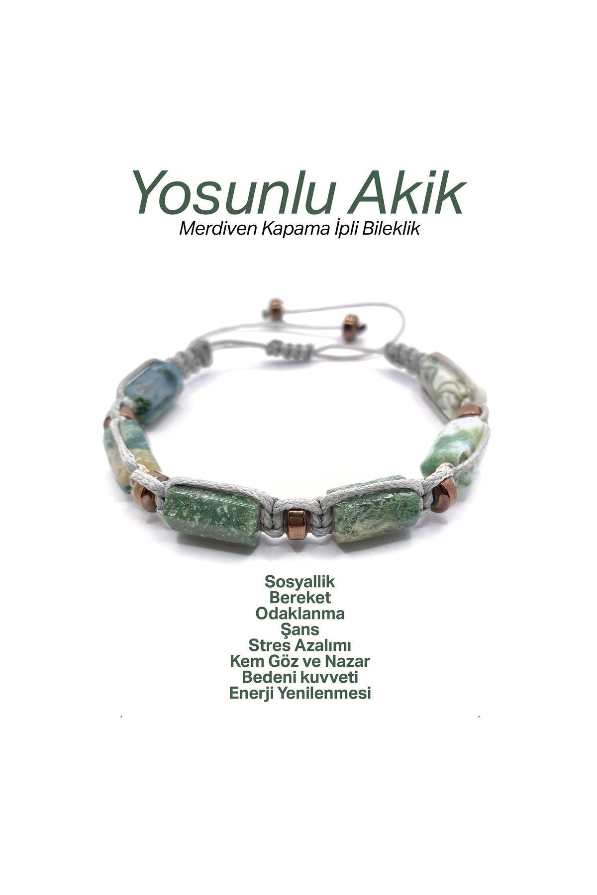 Sertifikalı Hakiki Orijinal Yosunlu Akik - Hematit  Doğal Taş İpli Bileklik (Köşeli Makrome Model)