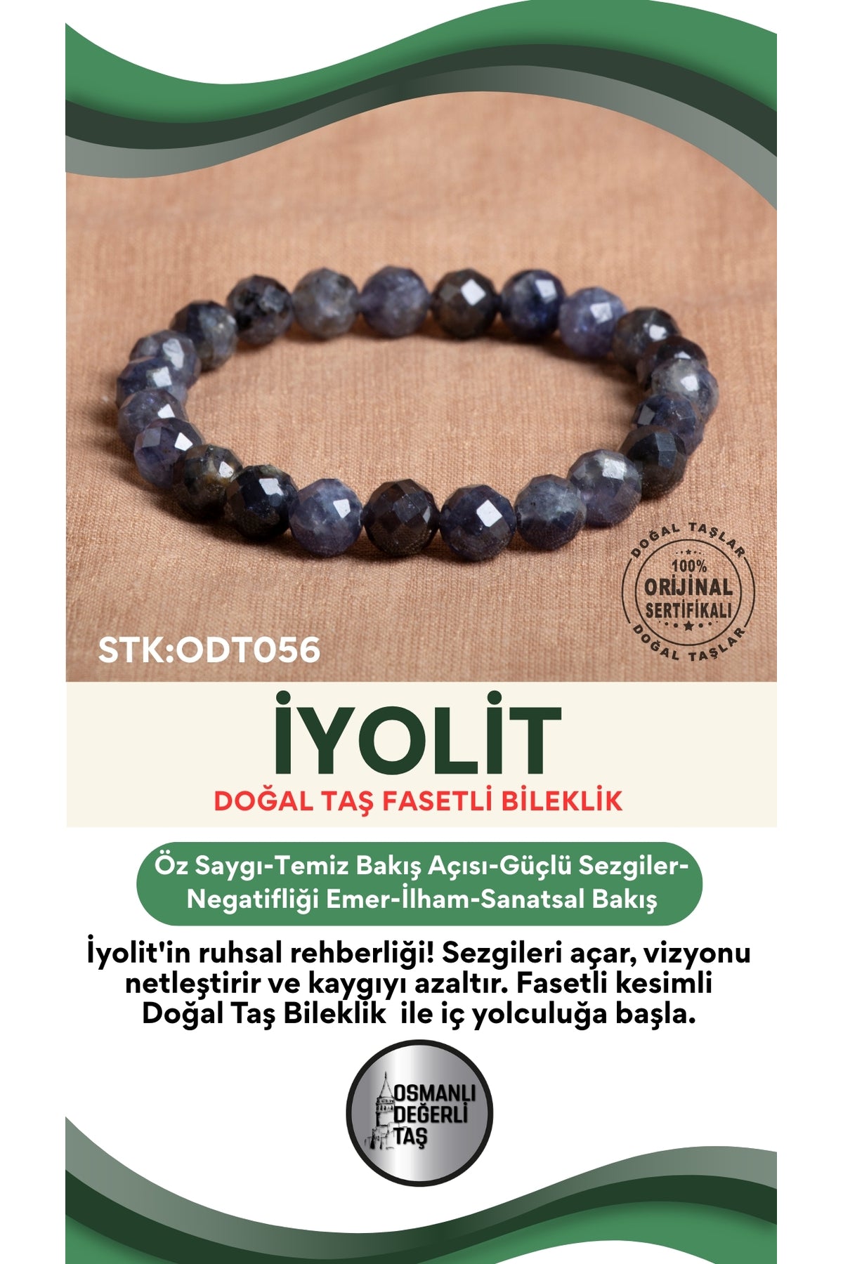 Sertifikalı İyolit Doğal Taş Fasetli Bileklik ODT056