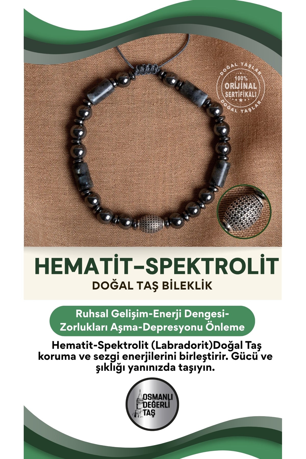 SERTİFİKALI hematit - dumortierid Doğal Taş Gümüş Aparatlı Bileklik