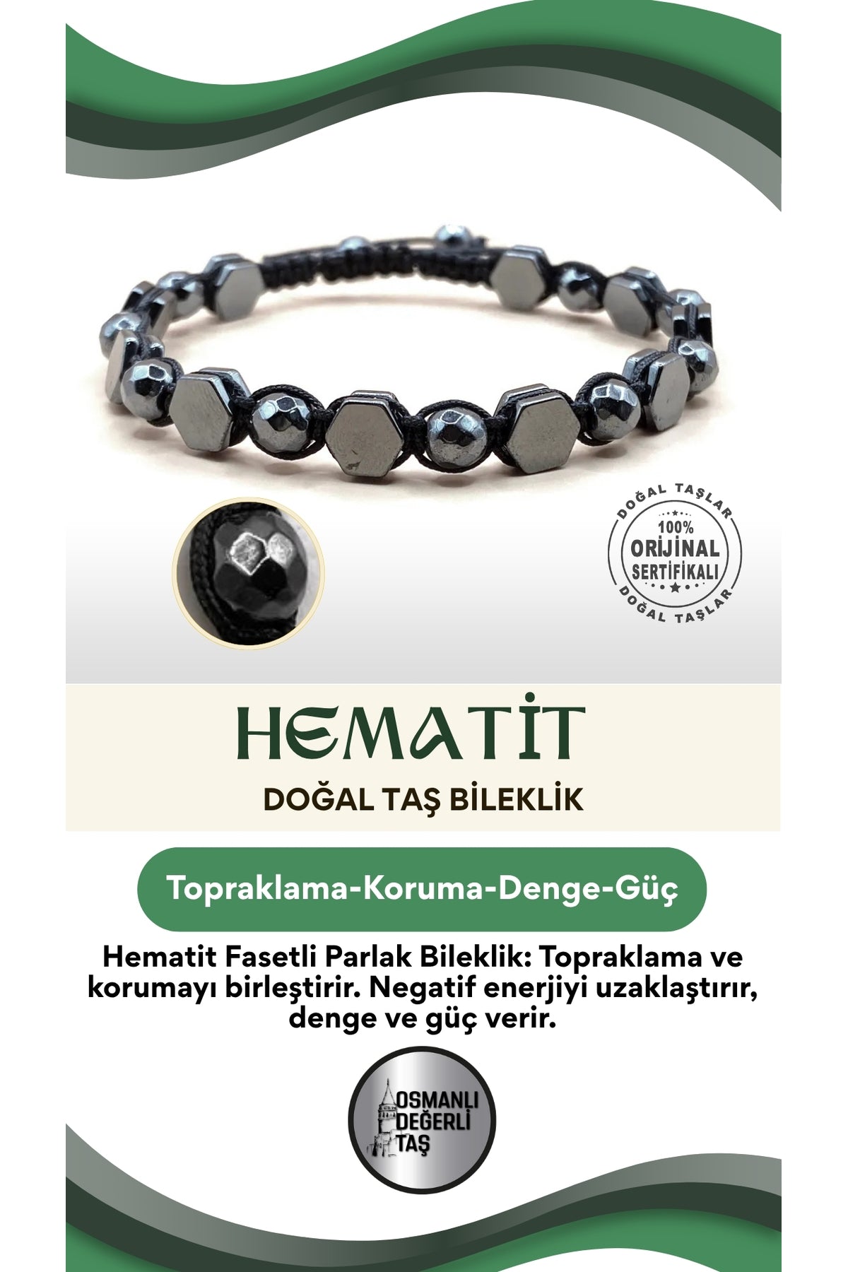 Hematit Fasetli Parlak Doğal Taş Bileklik Taş Üzeri İpli Model