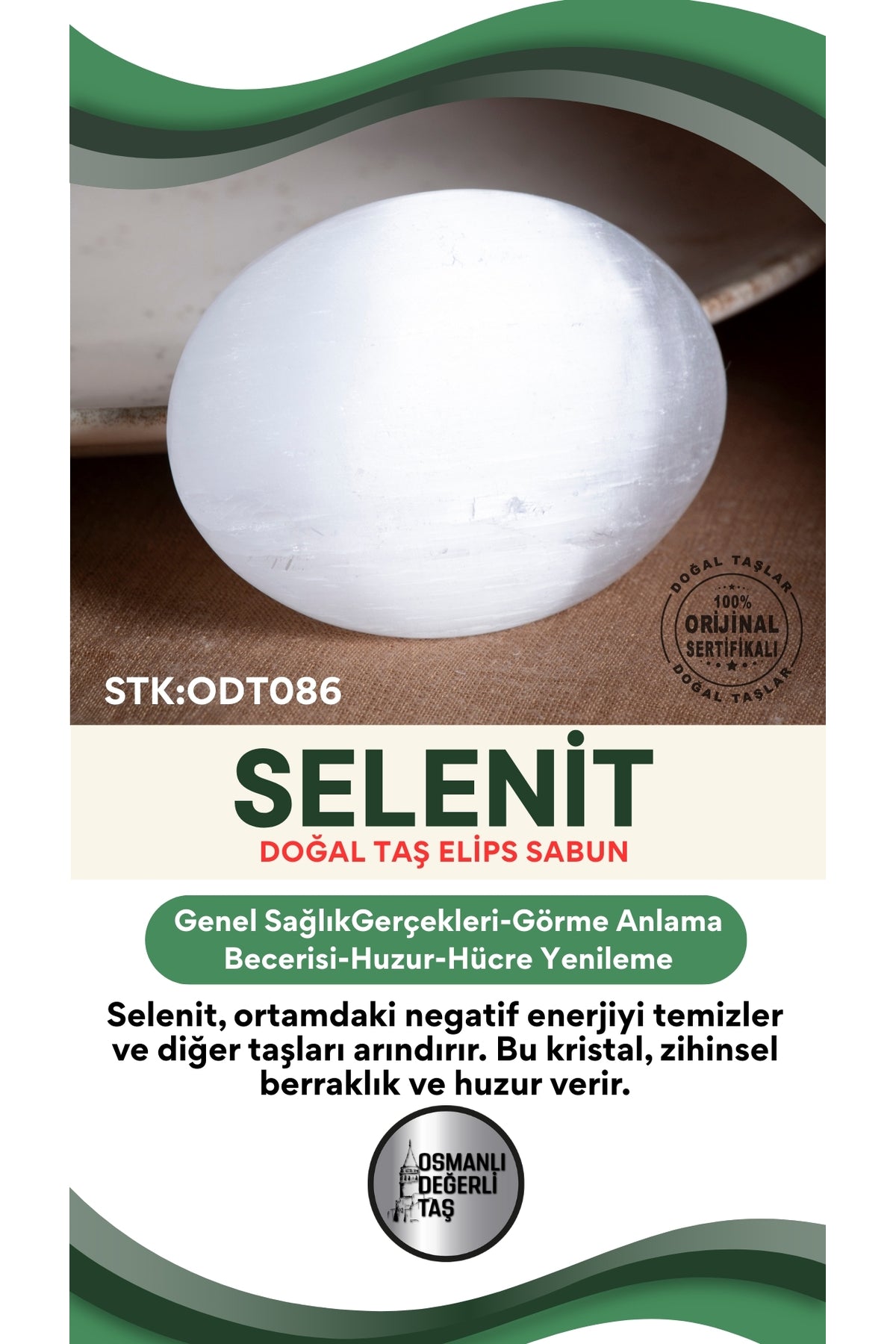 SERTİFİKALI Selenit Doğal Taş Elips Sabun ODT086