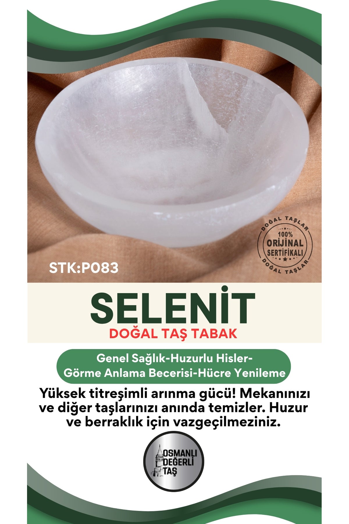 Sertifikalı Selenit Doğal Taş Yuvarlak Tabak No:4 P083