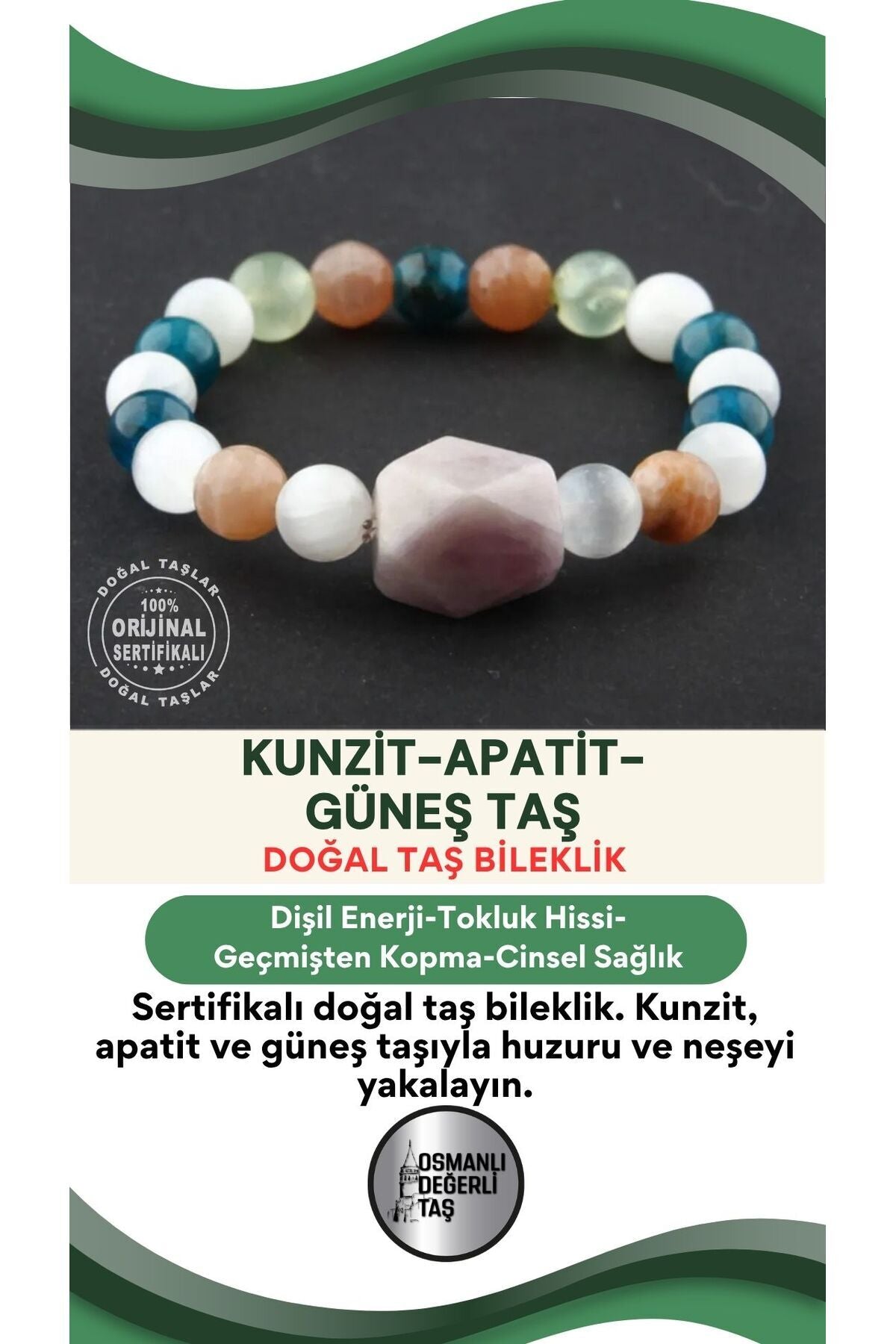 Sertifikalı Kunzit-prehnit-apatit-selenit-güneş Taşı Doğal Taş Bileklik