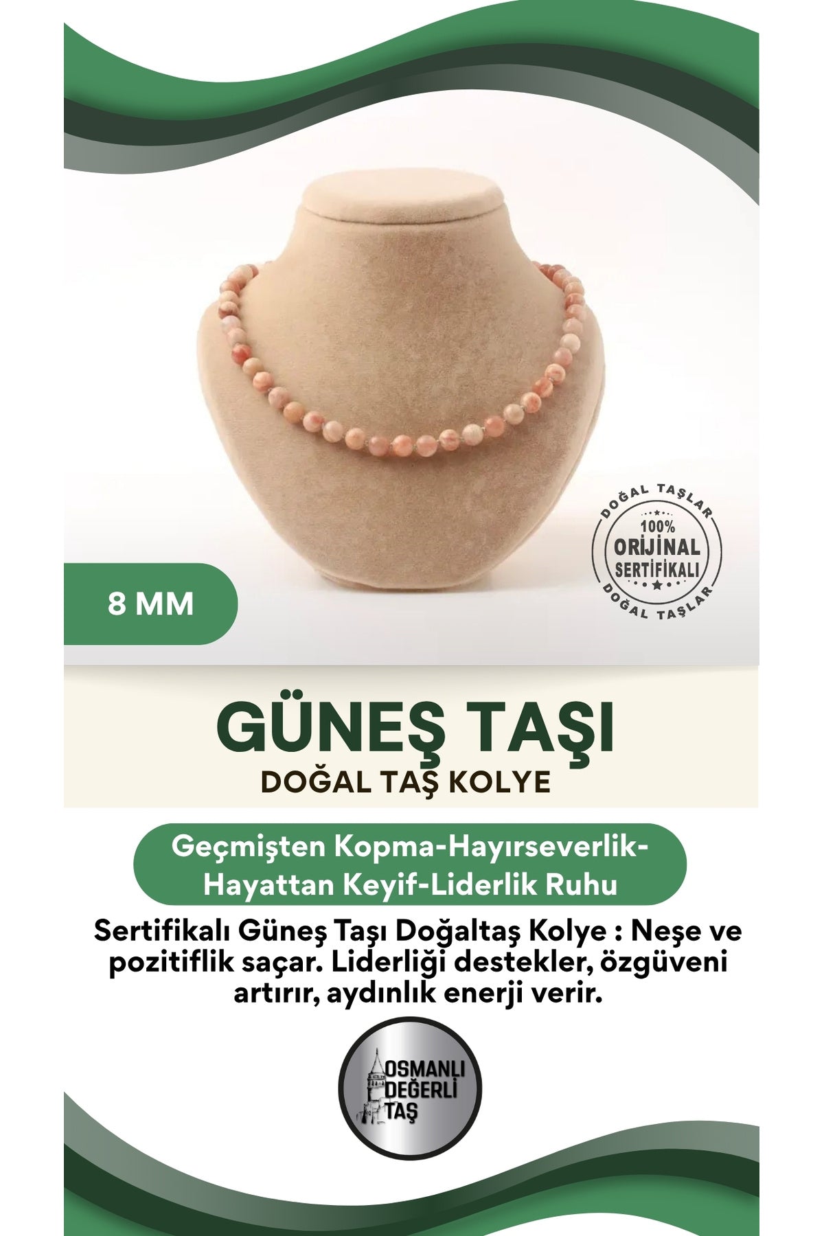 Sertifikalı Güneş Taşı Doğaltaş Kolye 8 Mm, M518