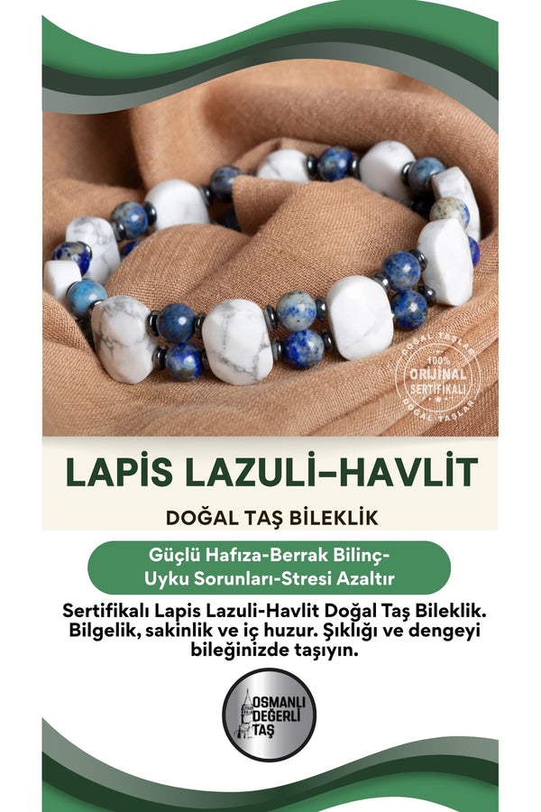 Sertifikalı lapis lazuli - havlit doğal taş bileklik