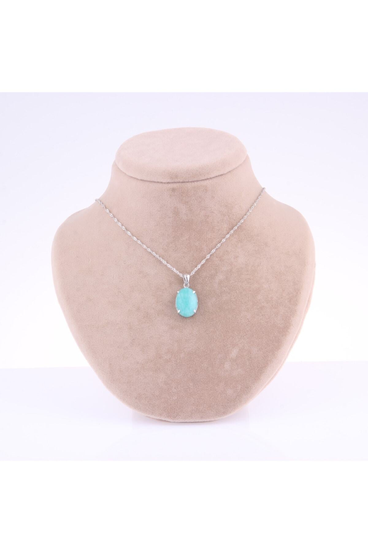 Sertifikalı Amazonit Doğal Taş Gümüş Çerçeveli Ve Zincirli Kolye Ucu - 2 X 1,2 Cm M344