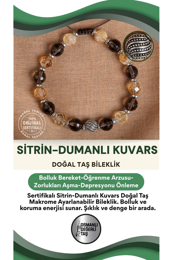 SERTİFİKALI Sitrin - Dumanlı kuvars Doğal Taş Makrome Ayarlanabilir Bileklik