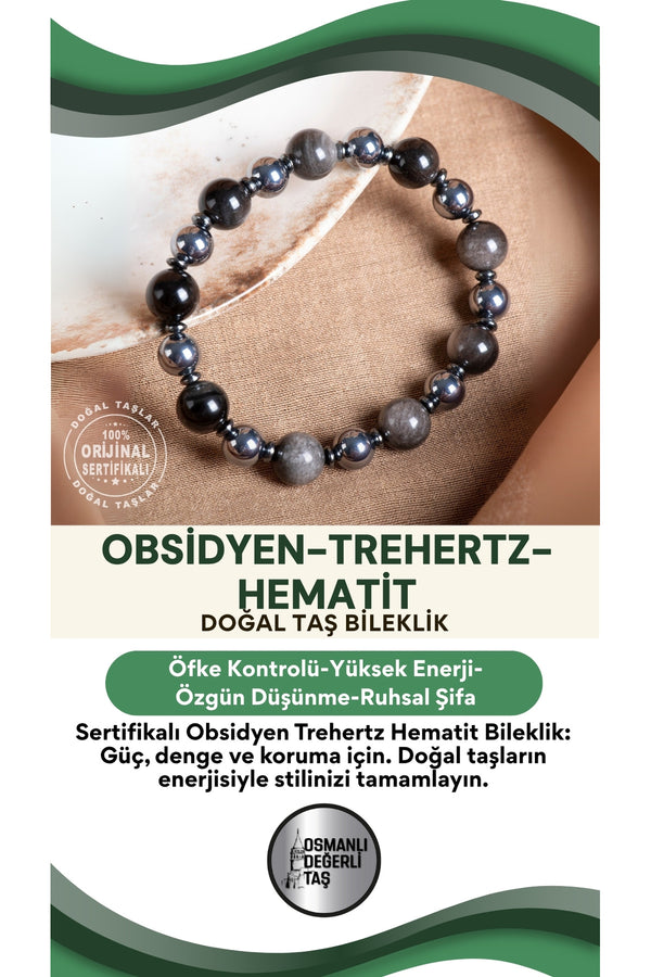 SERTİFİKALI Obsidyen Trehertz Hematit Doğal Taş Bileklik