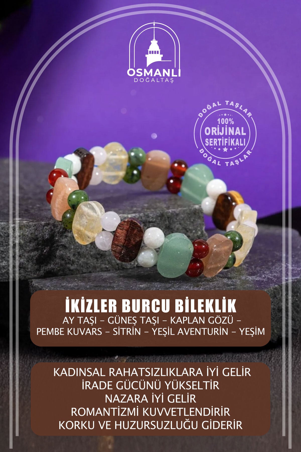 Ikizler Burcu Doğal Taş Geniş Kesim El Yapımı Bileklik