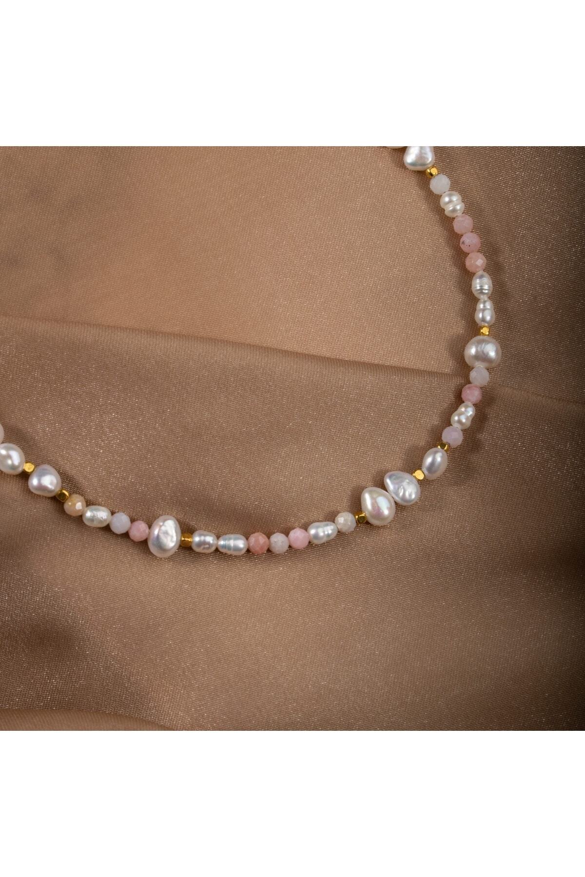 Inci-pembe Opal Doğal Taş Altın Kaplama Kapama Kolye (3cm Uzatma Ile Birlikte)
