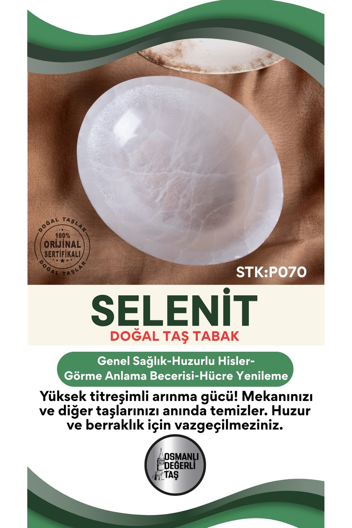 Sertifikalı Selenit Doğal Taş Elips Tabak No:1 P070