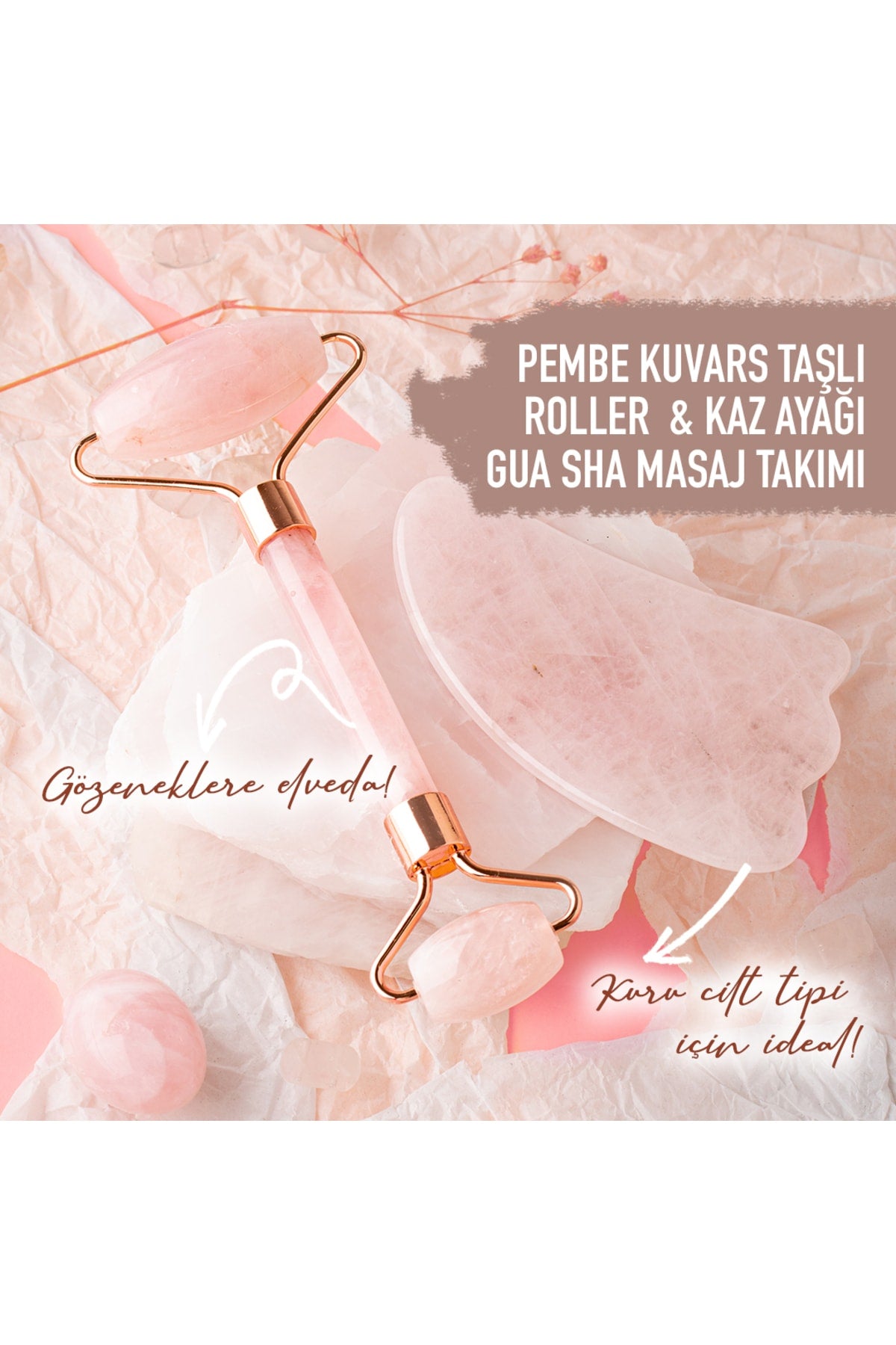 Sertifikalı Pembe Kuvars Doğal Taşı Roller Ve Kaz Ayaklı Gua Sha Masaj Takımı Ma010