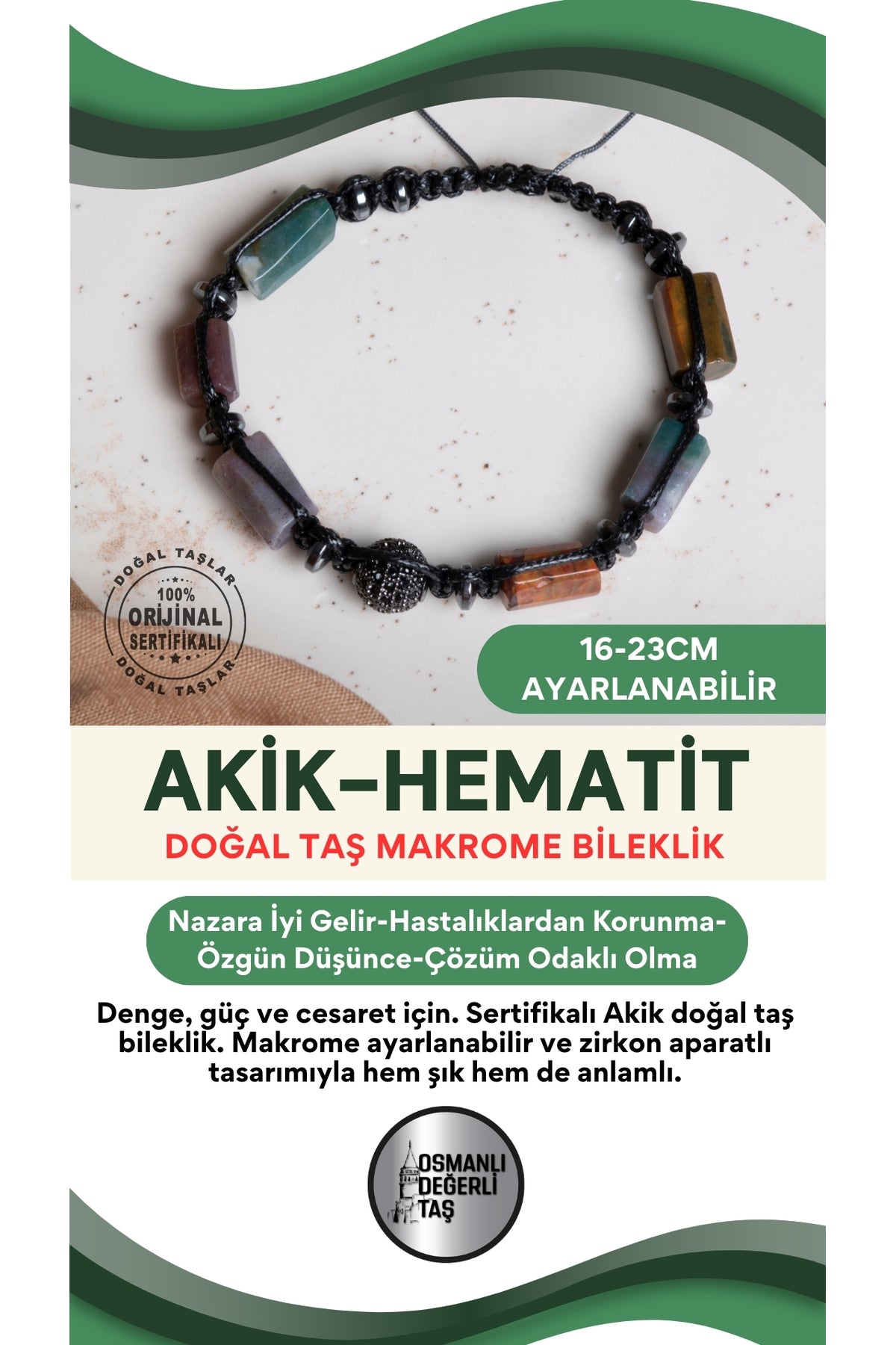 SERTİFİKALI Akik Doğal Taş Makrome Ayarlanabilir Zirkon Aparatlı Bileklik
