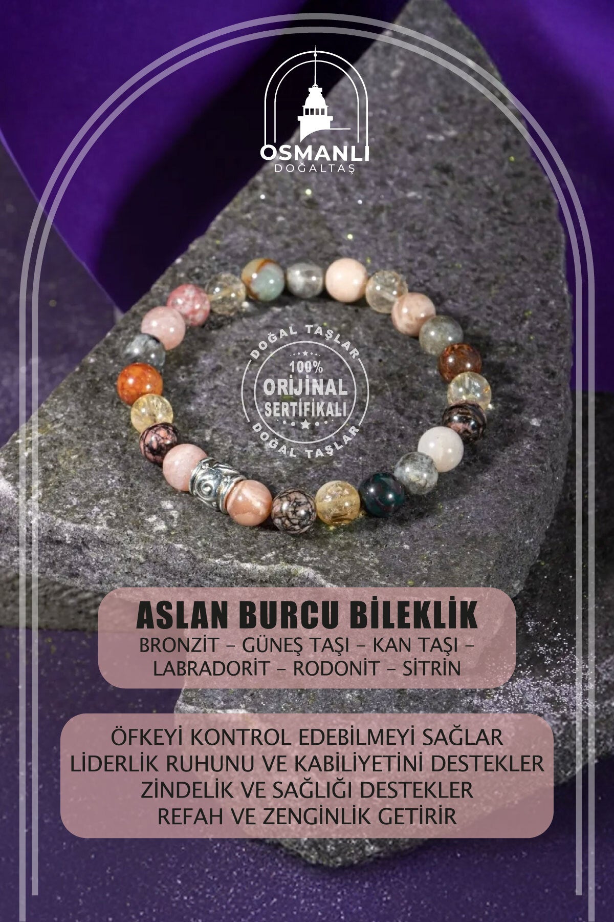 Aslan Burcu Doğal Taş 8mm Bileklik