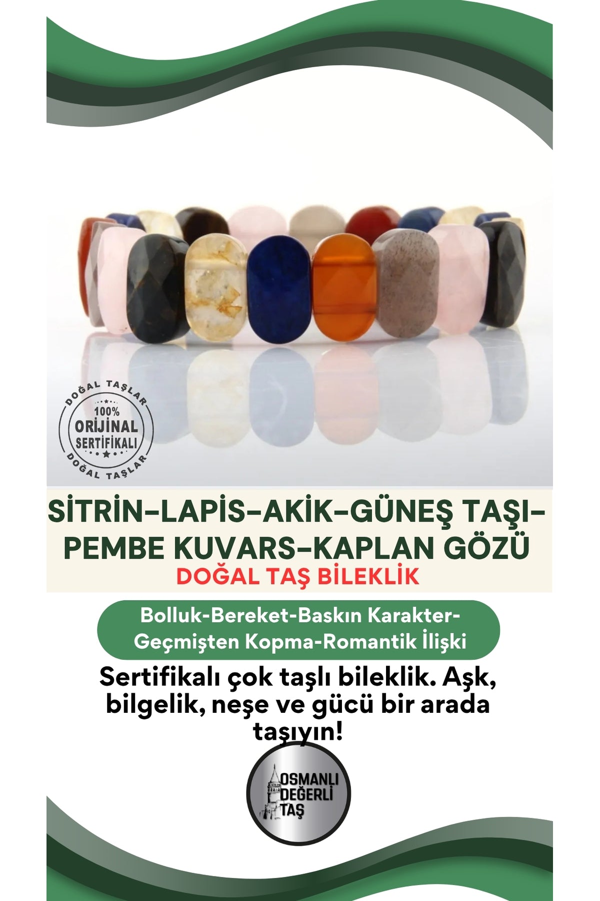 Sertifikalı Sitrin-lapis-akik-güneş Taşı-pembe Kuvars- Kaplan Gözü Roleks Bileklik