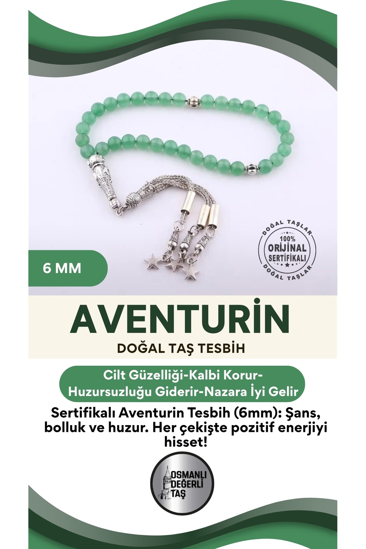 Sertifikalı Aventurin Doğaltaş Tesbih 6 Mm, T198