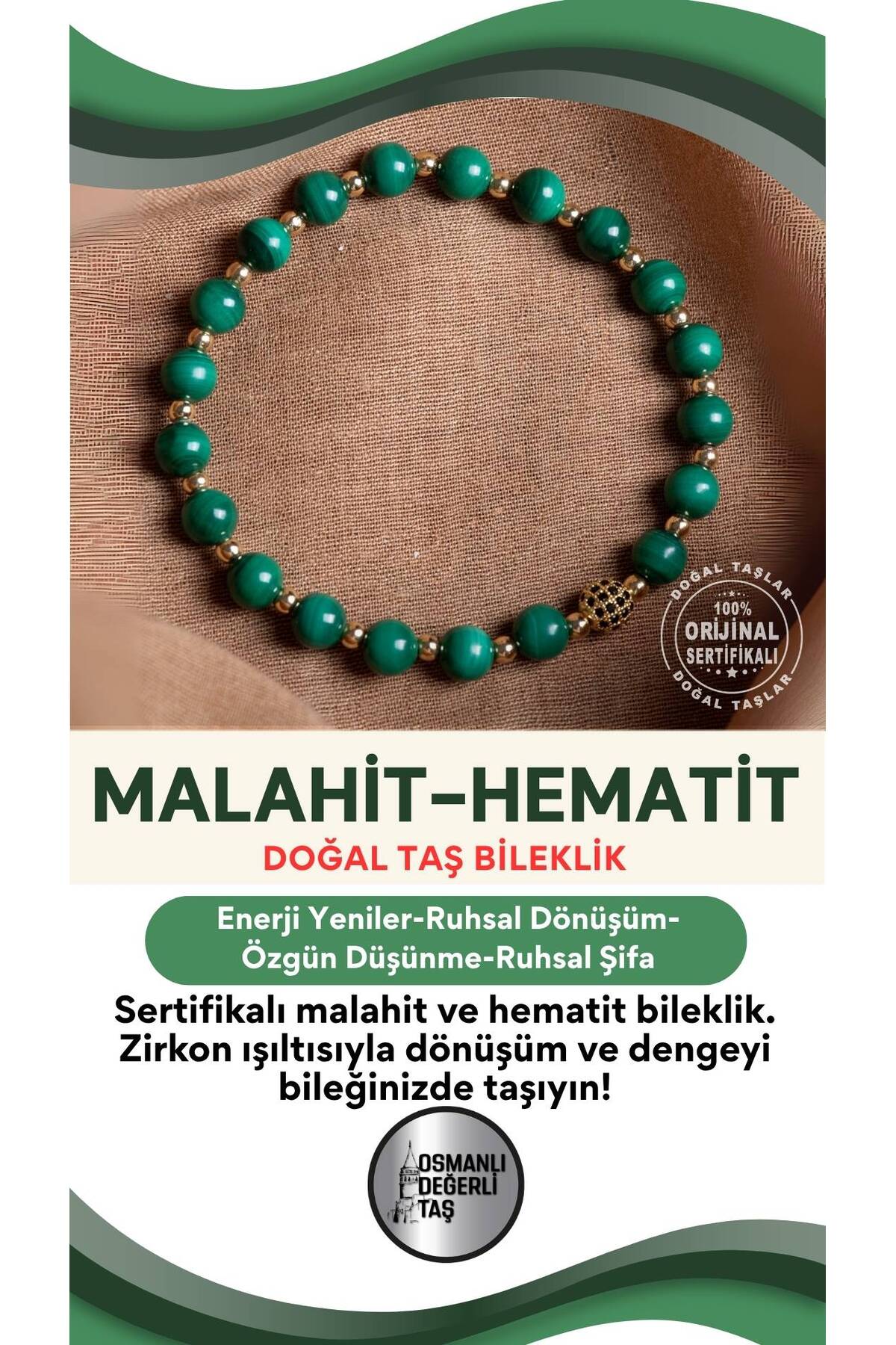 SERTİFİKALI Malahite-Hematit Doğal Taş Zirkon Aparatlı Bileklik