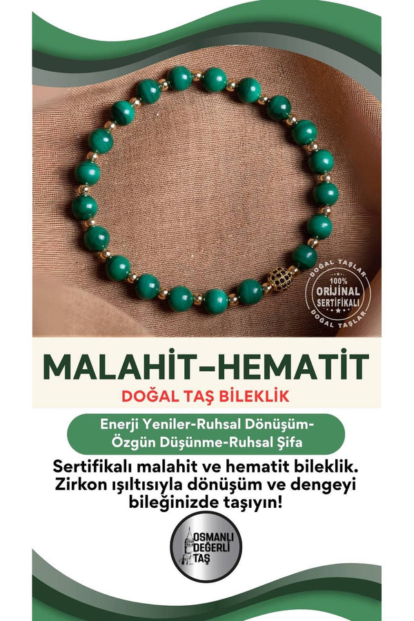 SERTİFİKALI Malahite-Hematit Doğal Taş Zirkon Aparatlı Bileklik