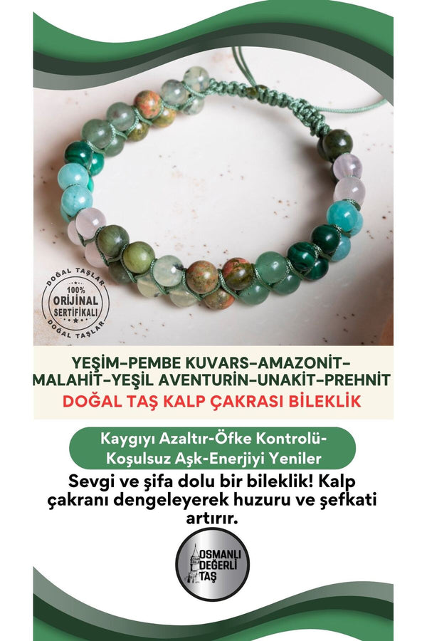 SERTİFİKALI Kalp Çakrası Doğal Taş Makrome Ayarlanabilir Bileklik