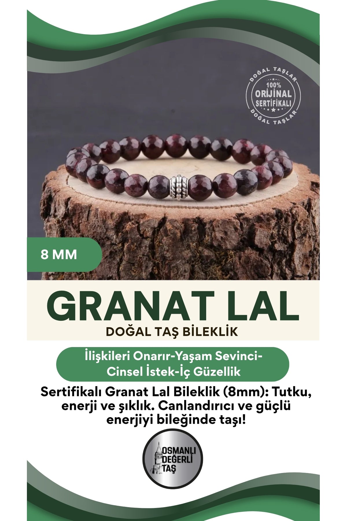 Sertifikalı Granat Lal Doğal Taş Bileklik 8 Mm - B132