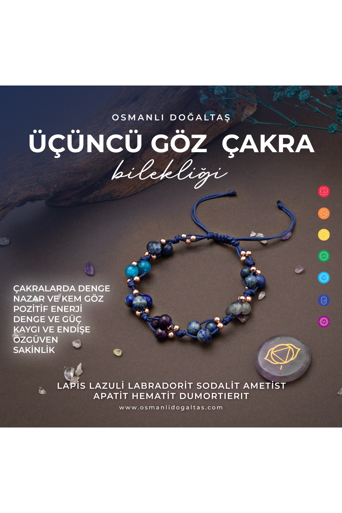 Sertifikalı Üçüncü Göz Çakra Bilekliği Lapis, Sodalit, Ametist Doğal Taşlı Makrome Kapama