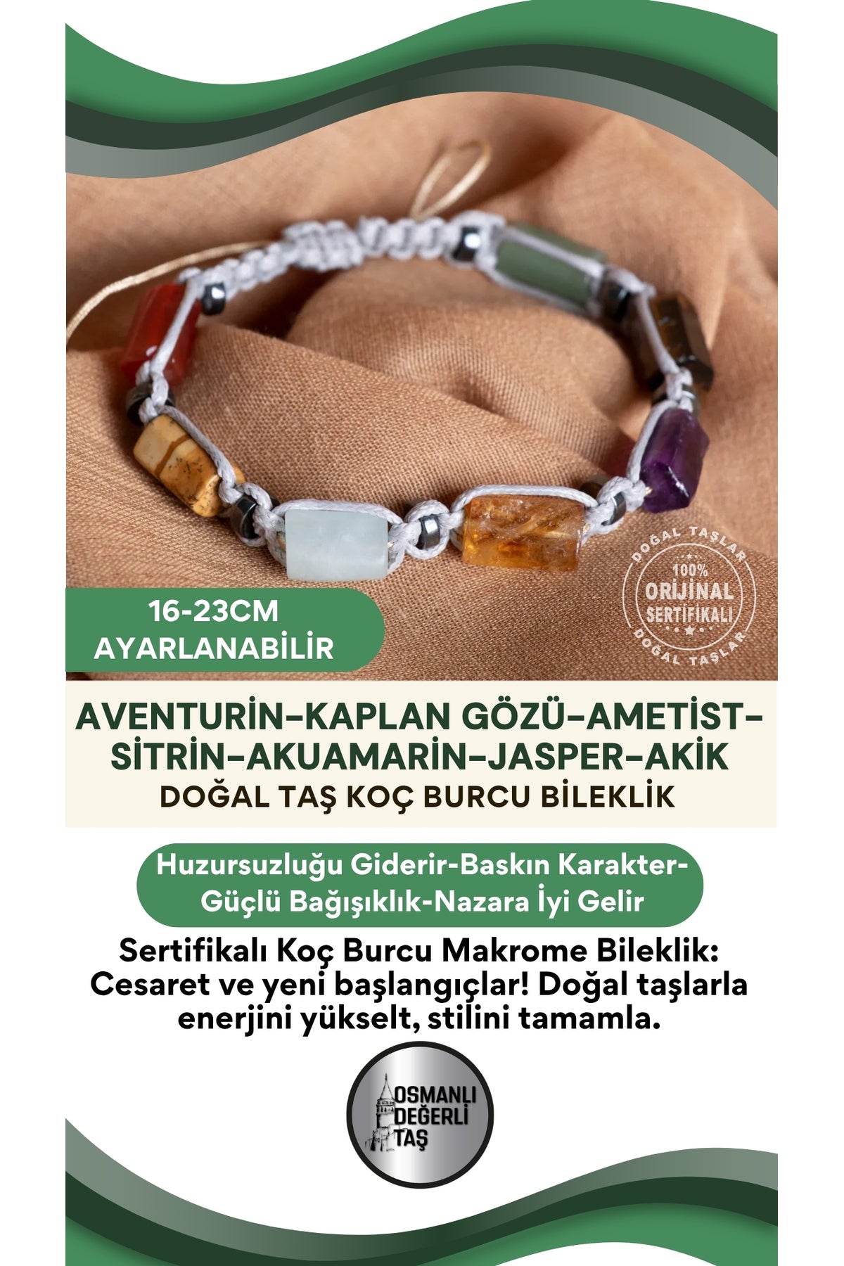 SERTİFİKALI Koç Burcu Doğal Taş Makrome Ayarlanabilir Bileklik