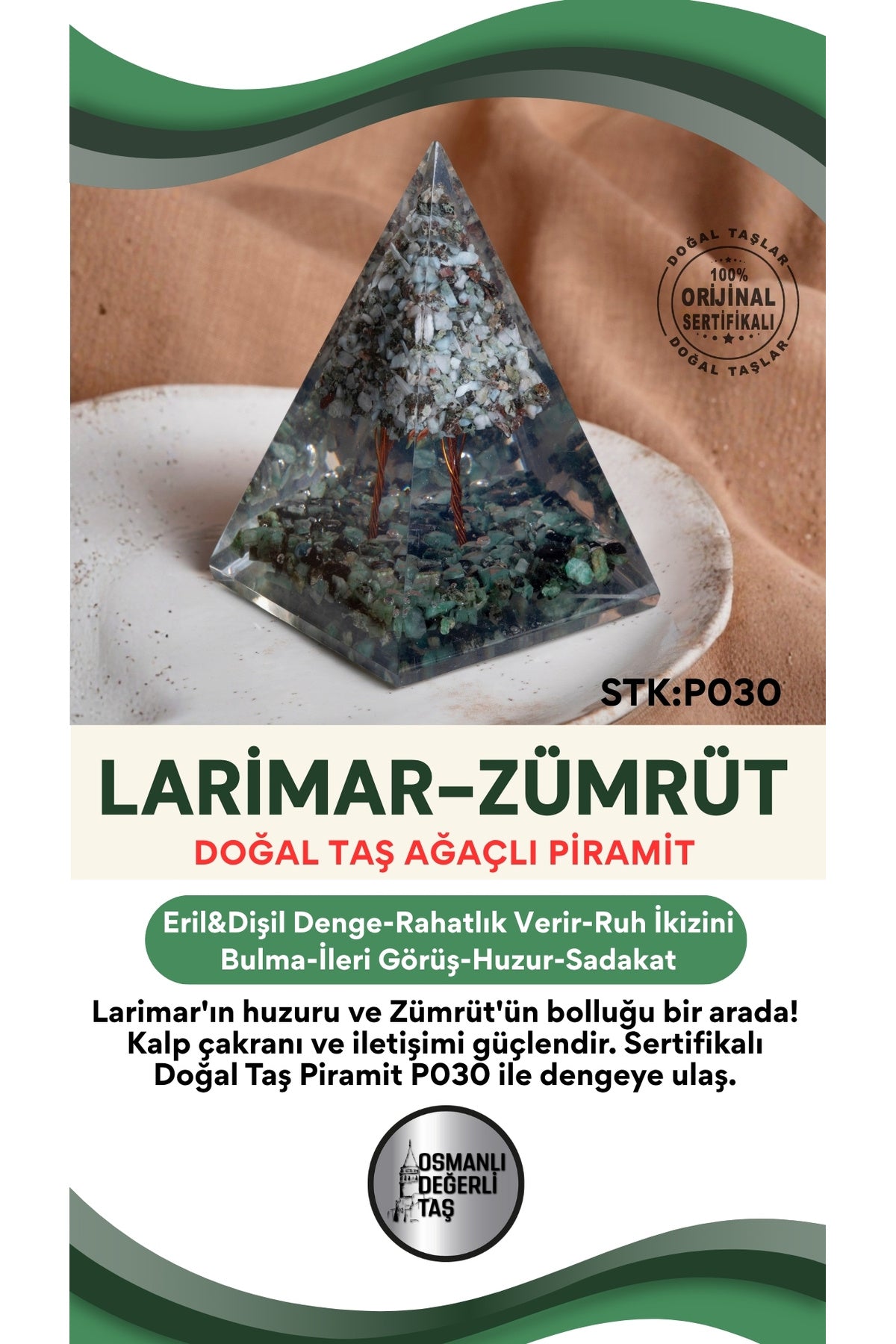 Sertifikalı Larimar-Zümrüt Doğal Taş Piramit P030