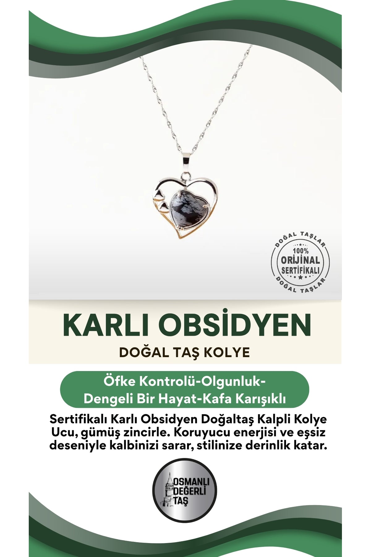 Sertifikalı Karlı Obsidyen Doğaltaş Kalpli Kolye Ucu, Gümüş Zincirle Birlikte Ku032