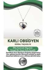 Sertifikalı Karlı Obsidyen Doğaltaş Kalpli Kolye Ucu, Gümüş Zincirle Birlikte Ku032