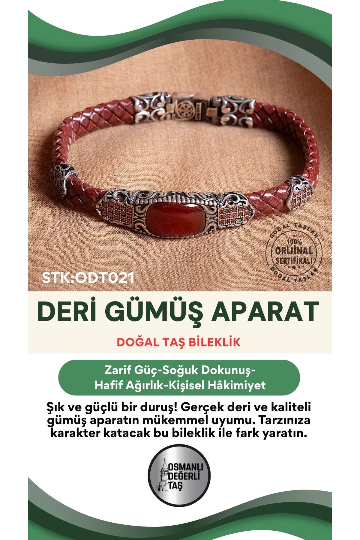 Sertifikalı Deri Gümüş Aparatlı Doğal Taş Bileklik ODT021