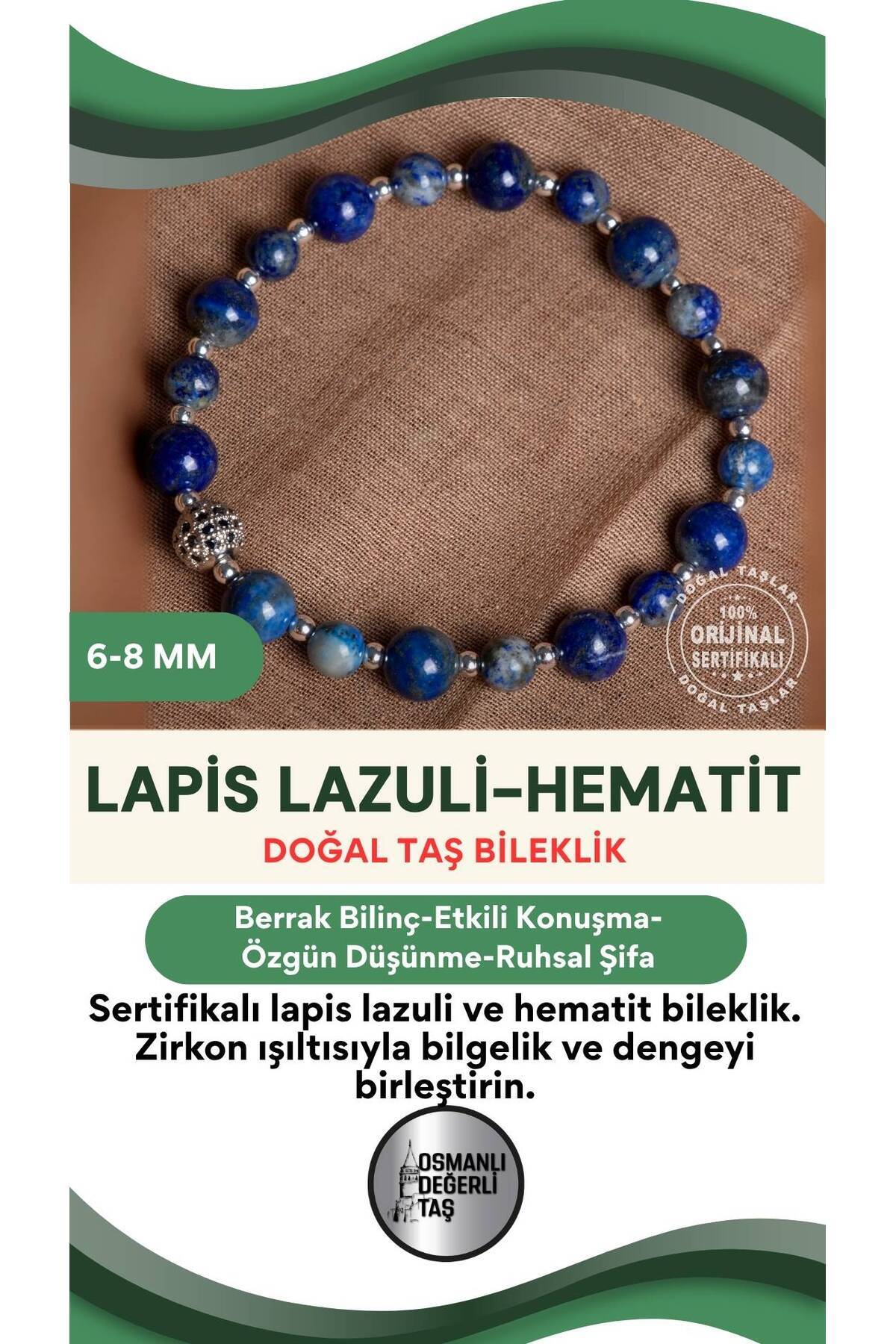 SERTİFİKALI Lapis Lazuli-Hematit Doğal Taş Zirkon Aparat Bileklik 6-8 mm