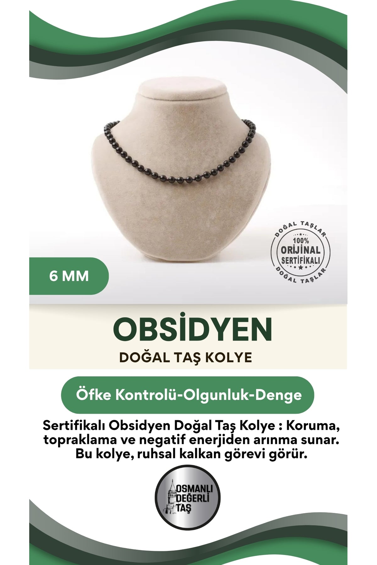 Sertifikalı Obsidyen Doğaltaş Kolye 6 Mm, M582
