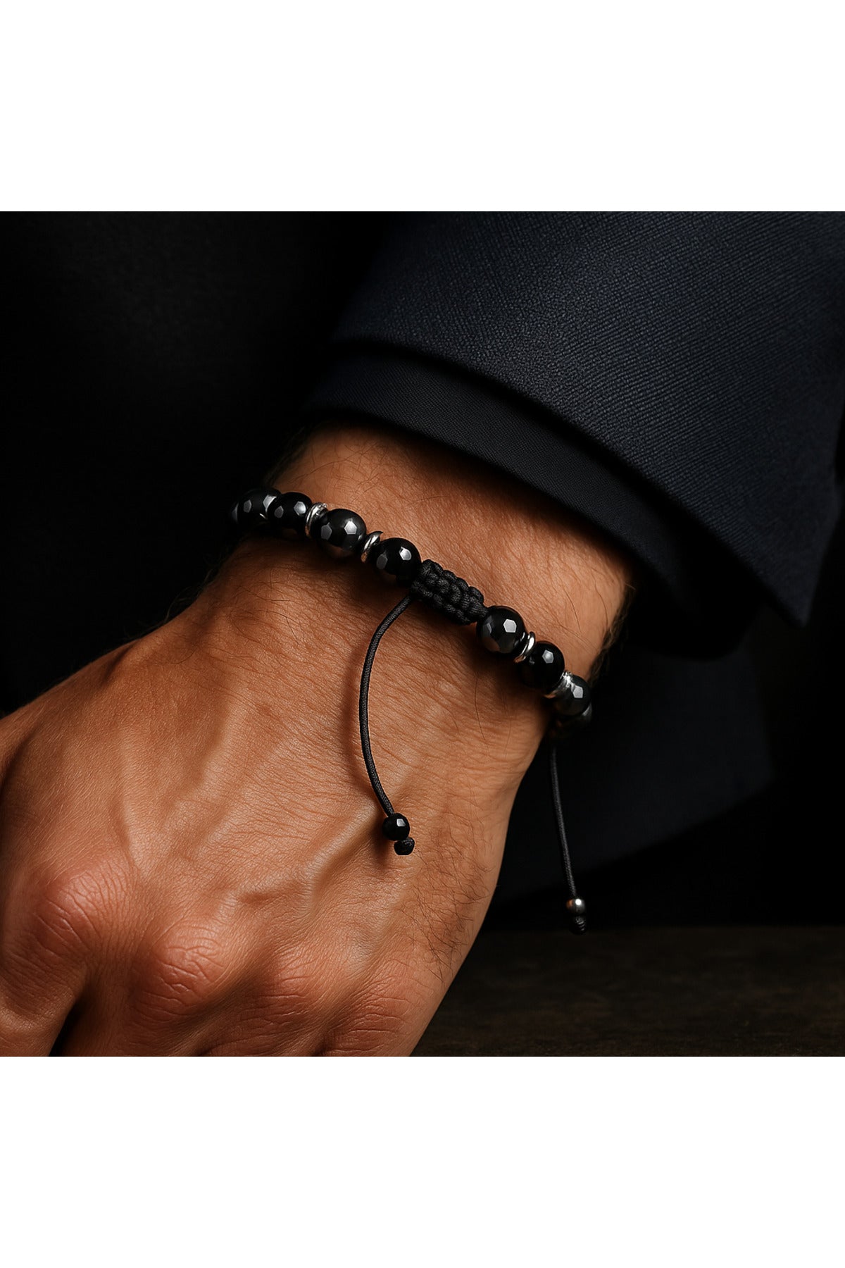 SERTİFİKALI Hematit-Obsidyen Doğal Taş Ayarlanabilir Makrome Bileklik 6 mm