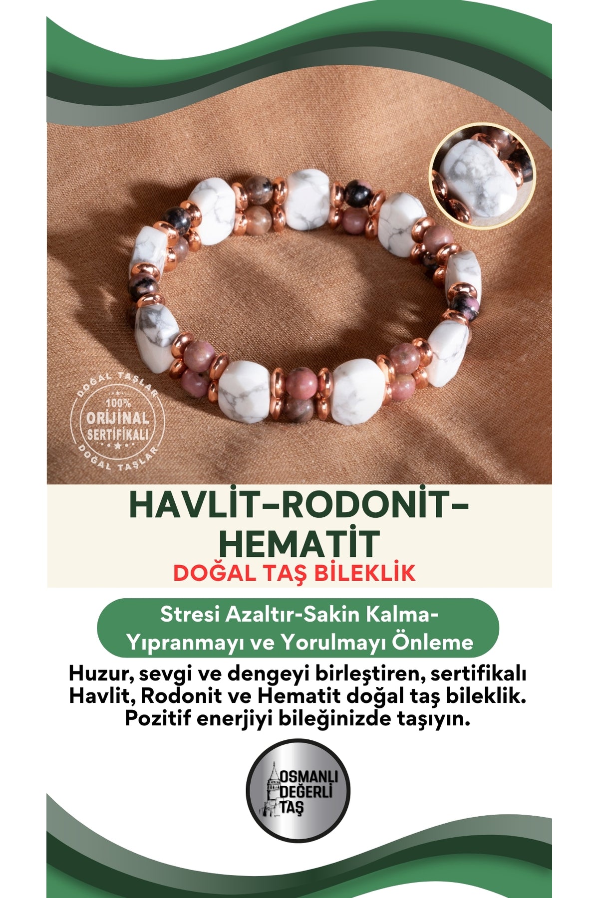 SERTİFİKALI Havlit-Rodonit-Hematit Doğal Taş Bileklik