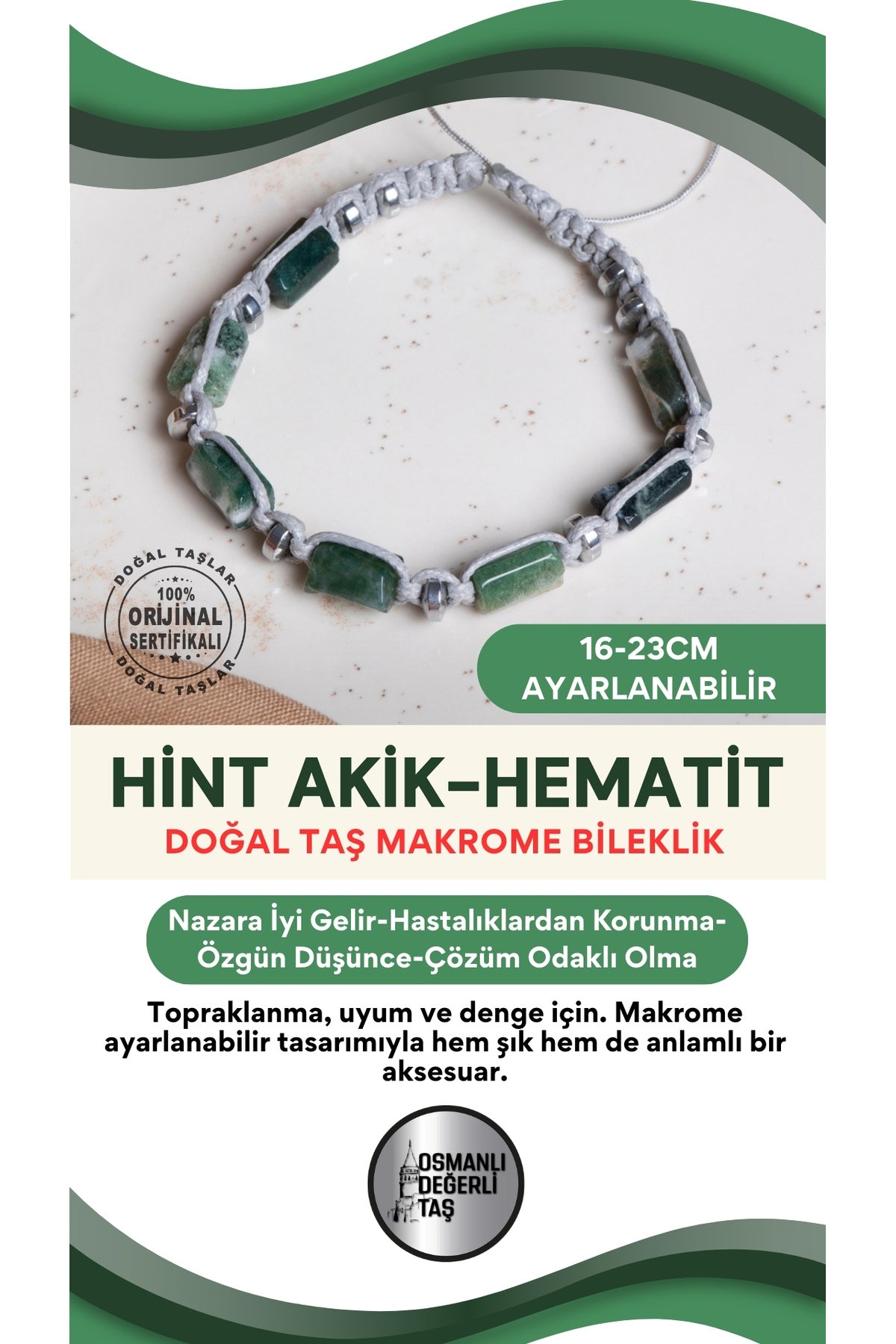 SERTİFİKALI Hint Akik-Hematit Doğal Taş Makrome Ayarlanabilir Bileklik
