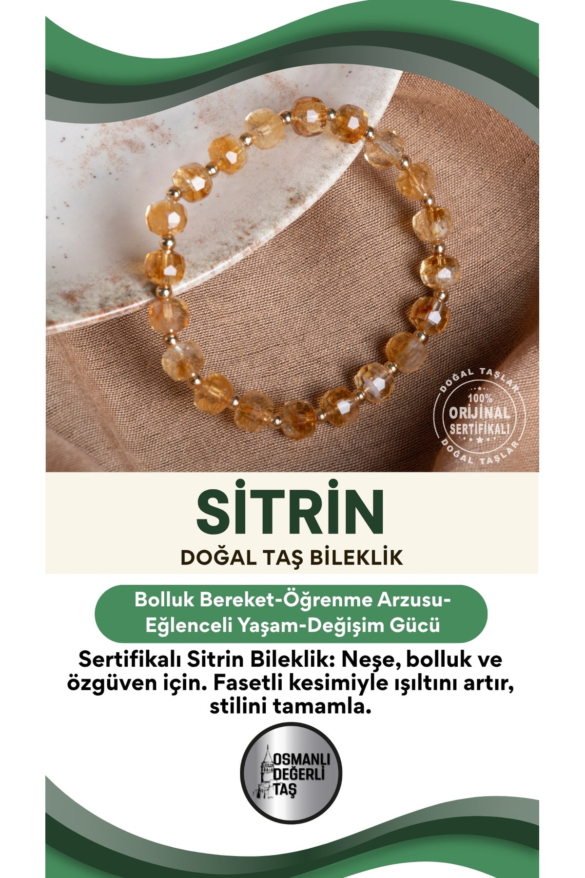 SERTİFİKALI Sitrin Doğal Taş Fasetli Bileklik