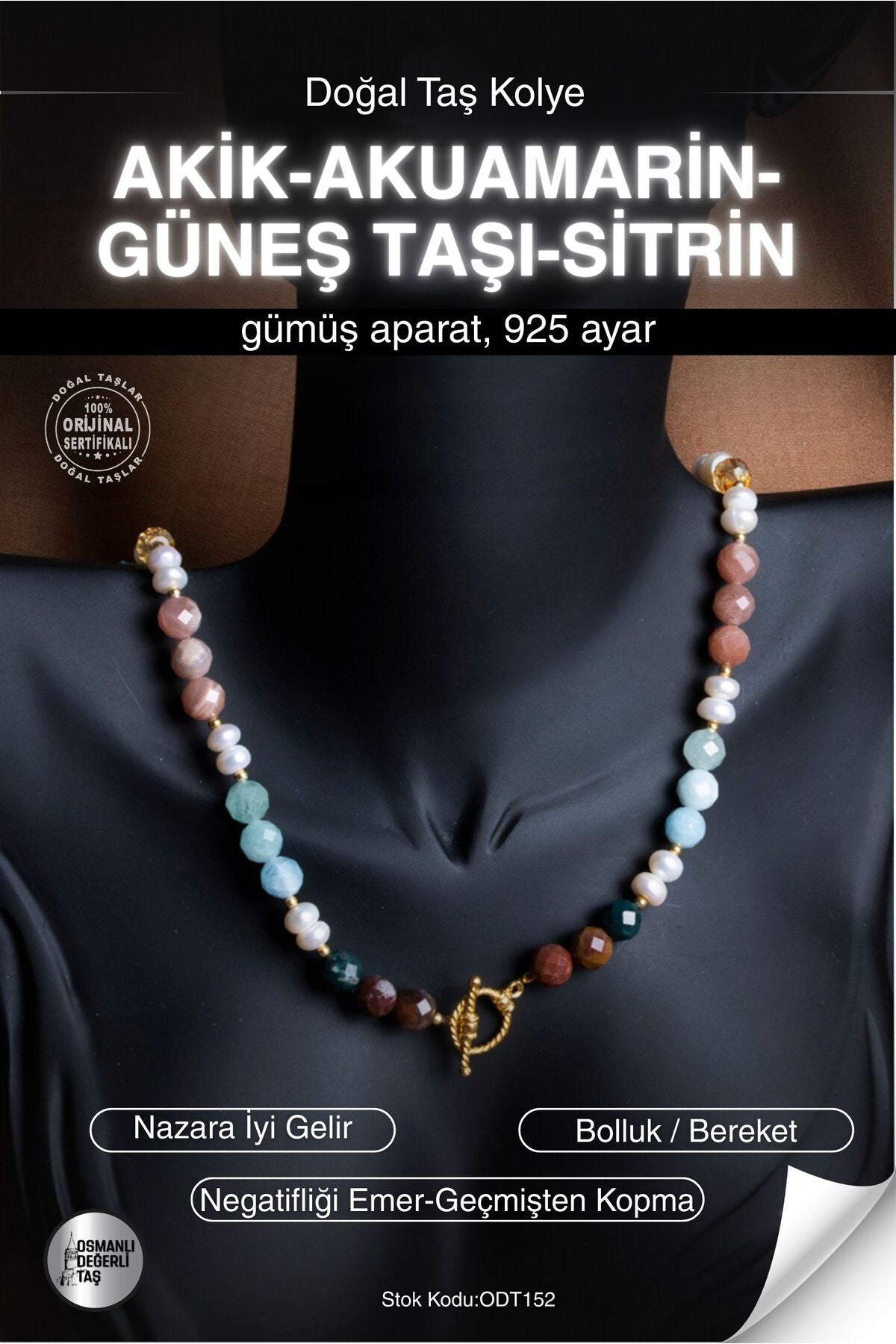 SERTİFİKALI Akik-Akuamarin-Güneş Taşı-Sitrin Doğal Taş Gümüş Aparat Kolye ODT152