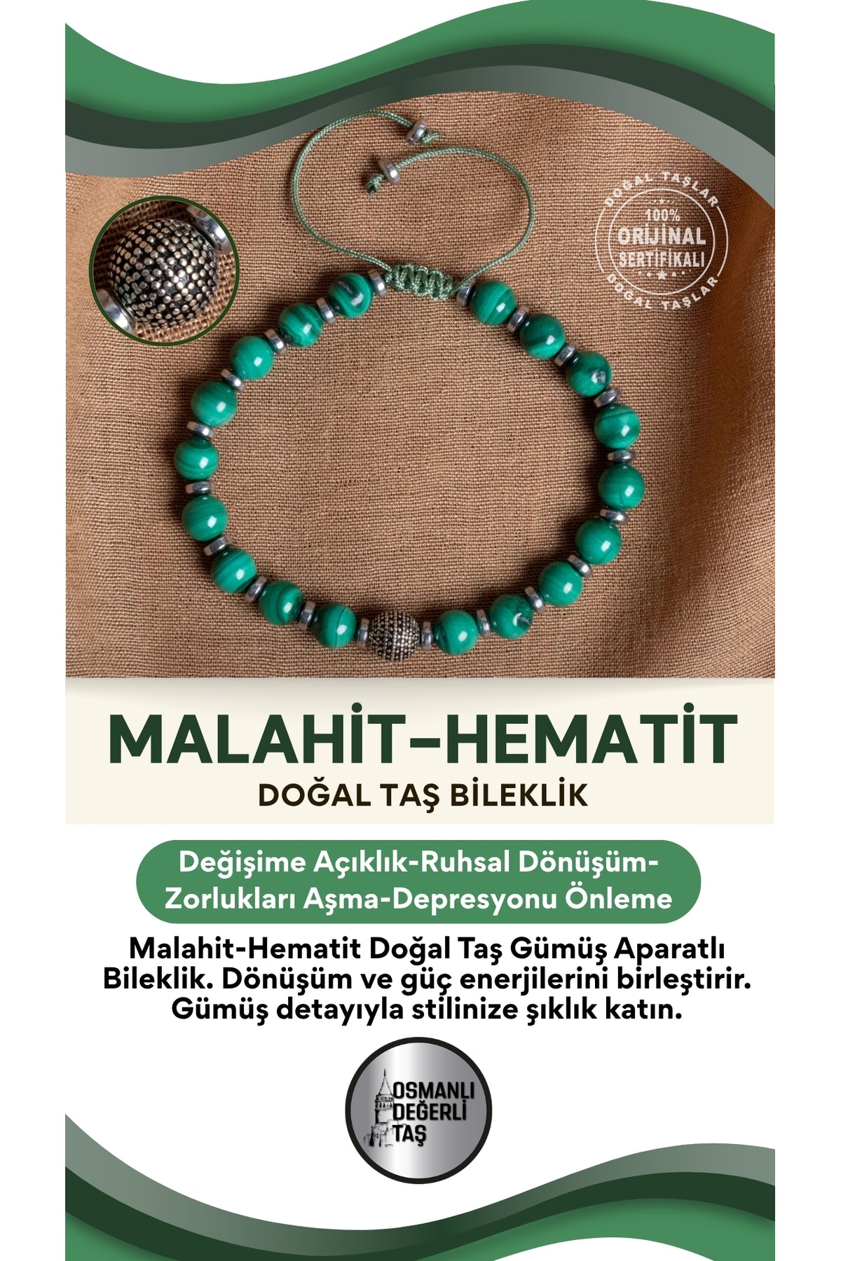 SERTİFİKALI malakit - hematit doğal Taş Gümüş Aparatlı Bileklik