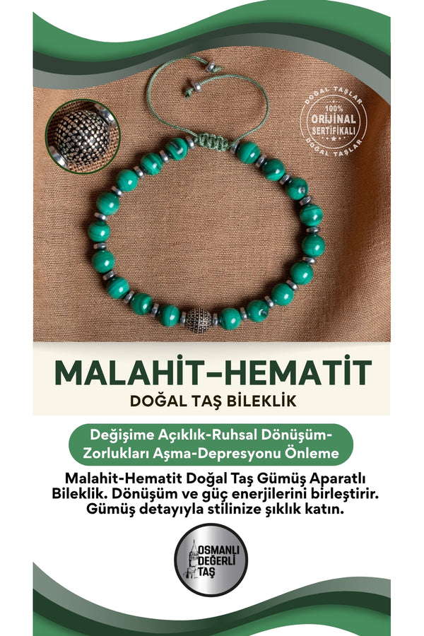 SERTİFİKALI malakit - hematit doğal Taş Gümüş Aparatlı Bileklik