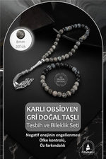 Sertifikalı Karlı Obsidyen, Gri Doğal Taşlı 33'lük Tesbih Ve Bileklik Takım