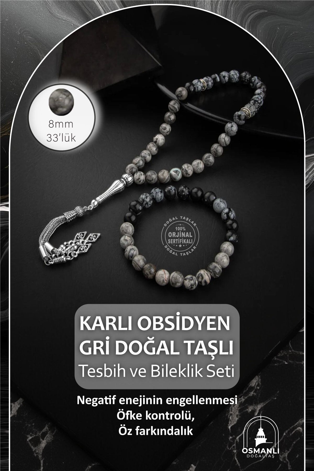 Sertifikalı Karlı Obsidyen, Gri Doğal Taşlı 33'lük Tesbih Ve Bileklik Takım
