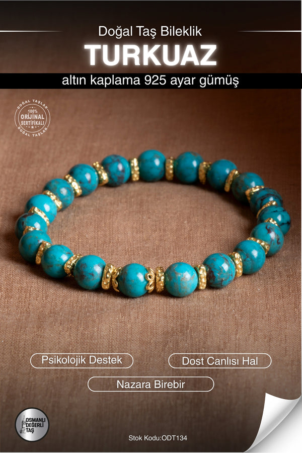 Sertifikalı TURKUAZ Doğal Taş Altın Kaplama Bileklik ODT134